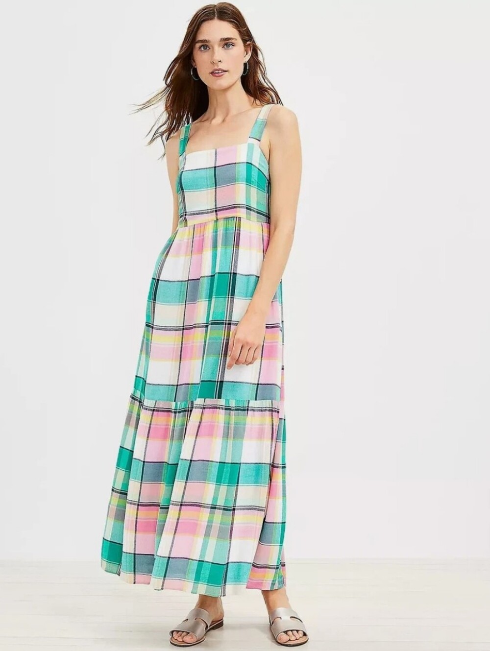 LOFT Plaid Strappy Tiered Maxi Pocket Dress